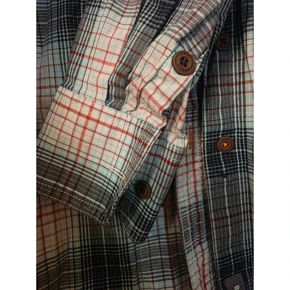 Ariat Rebar Mens Plaid Long Sleeve Work Shirt Blue Orange Button Down Medium